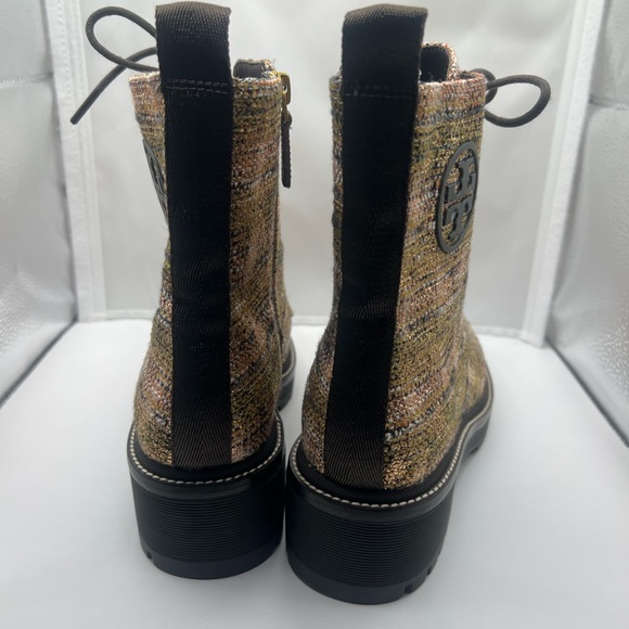 TORY BURCH MILLER 50MM LUG SOLE BOOT ROSEGOLD METALLIC TWEED BROWN LOGO - Picture 7 of 12